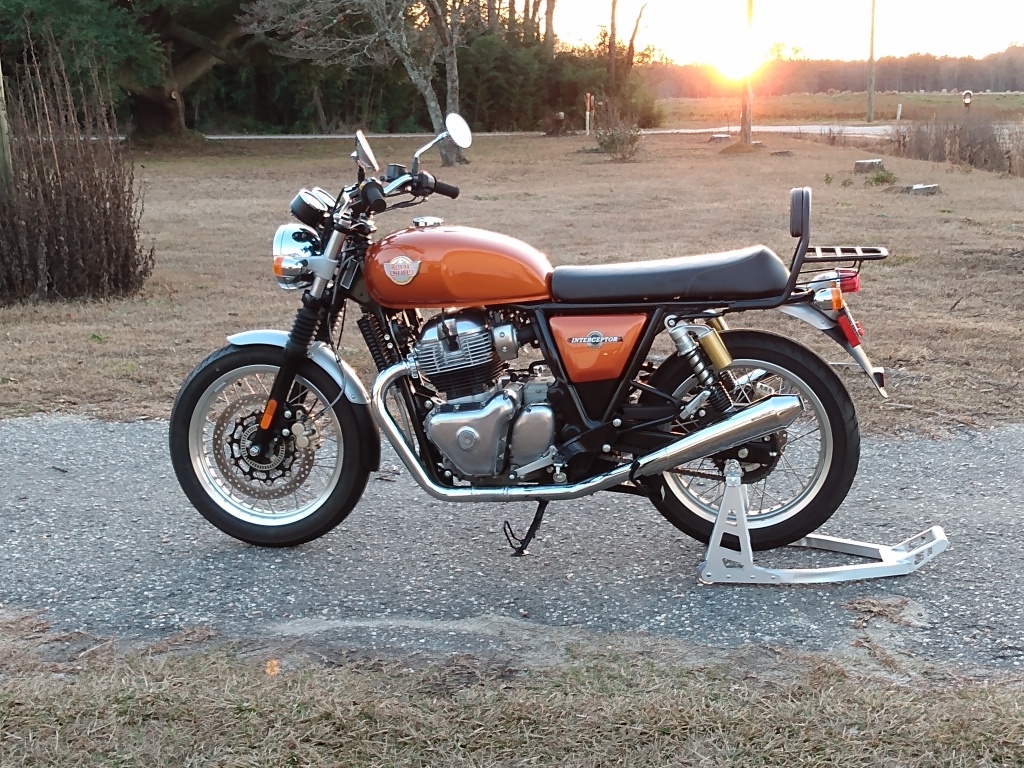 Royal Enfield 650 on swing arm stand